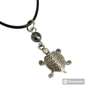 Pearl Bead Sea Turtle Necklace Silver Tone Nautical Island Beach Black Cord 17"